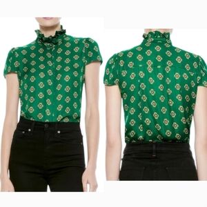 Alice + Olivia Juliette Mock Neck Ruffle Medallion Cap Sleeve Button Up Blouse